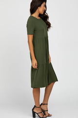Olive Ribbed Tiered Dress