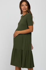 Olive Ribbed Tiered Maternity Dress