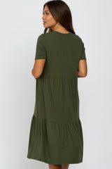 Olive Ribbed Tiered Maternity Dress