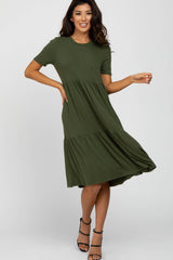 Olive Ribbed Tiered Dress