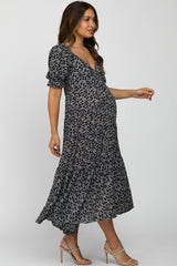 Black Floral V-Neck Ruffle Sleeve Maternity Midi Dress