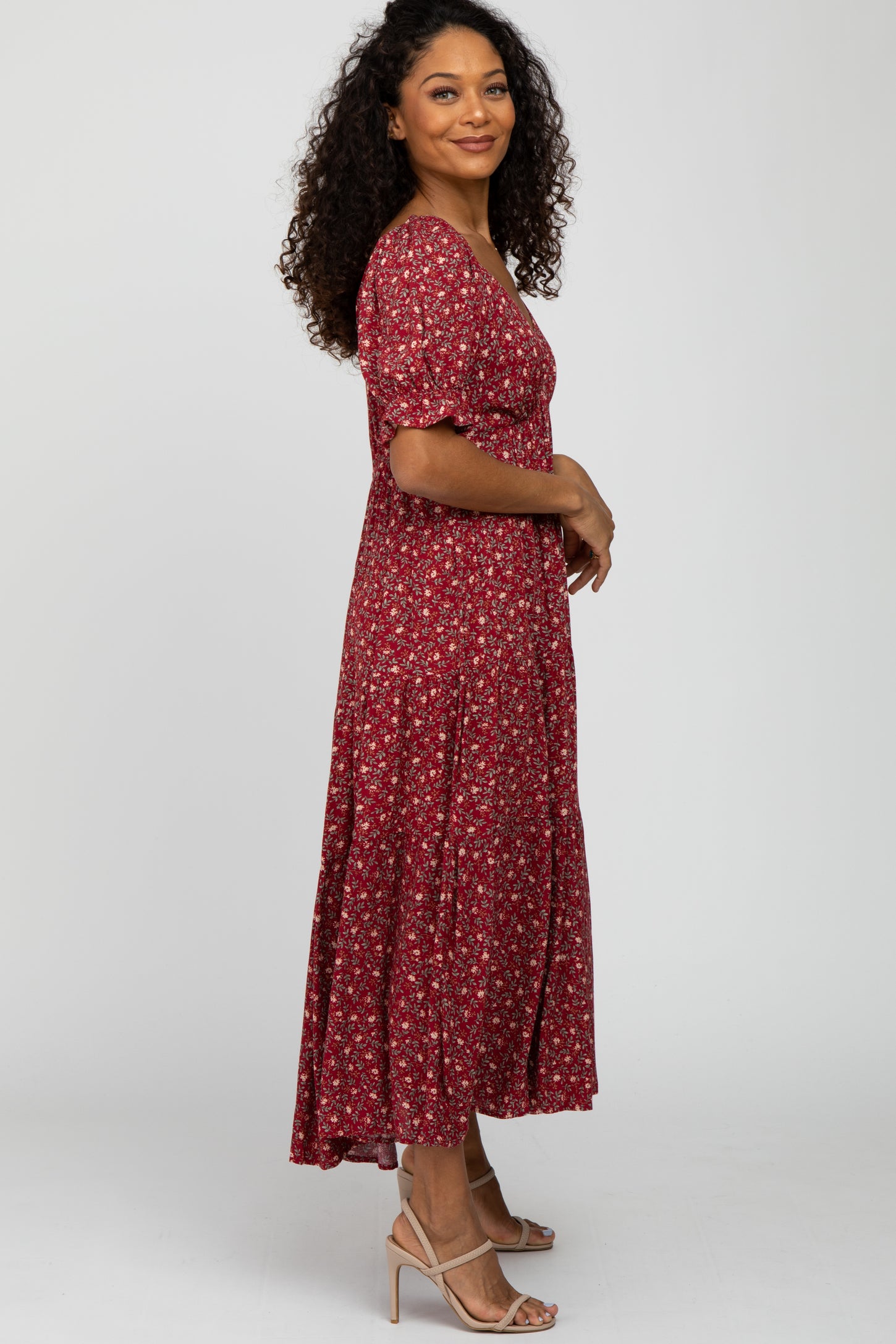red floral midi dress with sleeves Sample Floral Puff Sleeve Ruffle Hem Midi Dress