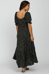 Green Floral V-Neck Ruffle Sleeve Maternity Midi Dress