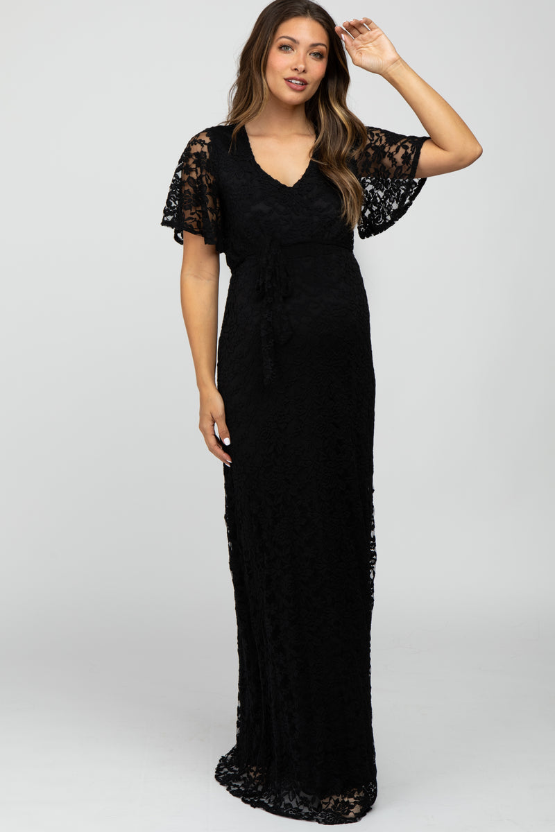Black Lace Front Tie Maternity Maxi Dress – PinkBlush