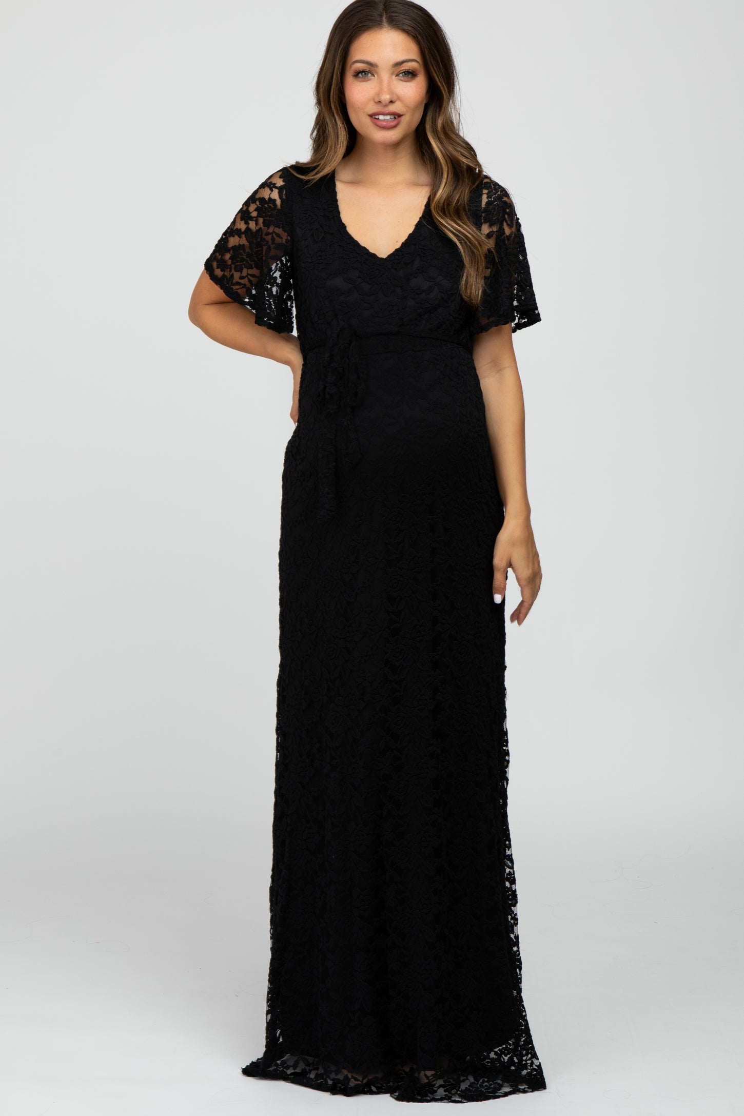 black lace maternity maxi dress Momyknows Elegant Black Off Shoulder Lace Photoshoot Maternity Maxi Dress, Black / 2XL