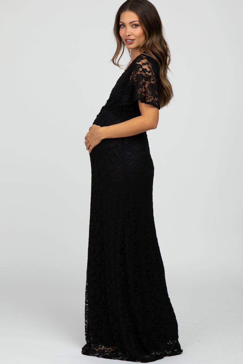 Black Lace Front Tie Maternity Maxi Dress PinkBlush