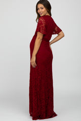 Burgundy Lace Front Tie Maternity Maxi Dress