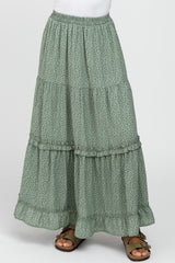 Mint Green Floral Chiffon Ruffle Tiered Maxi Skirt