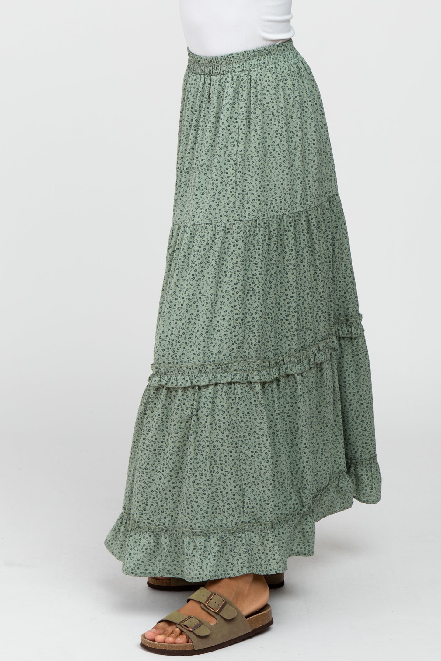 Mint Green Floral Chiffon Ruffle Tiered Maxi Skirt