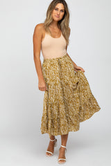 Yellow Leaf Print Tiered Midi Skirt