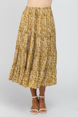 Yellow Leaf Print Tiered Midi Skirt