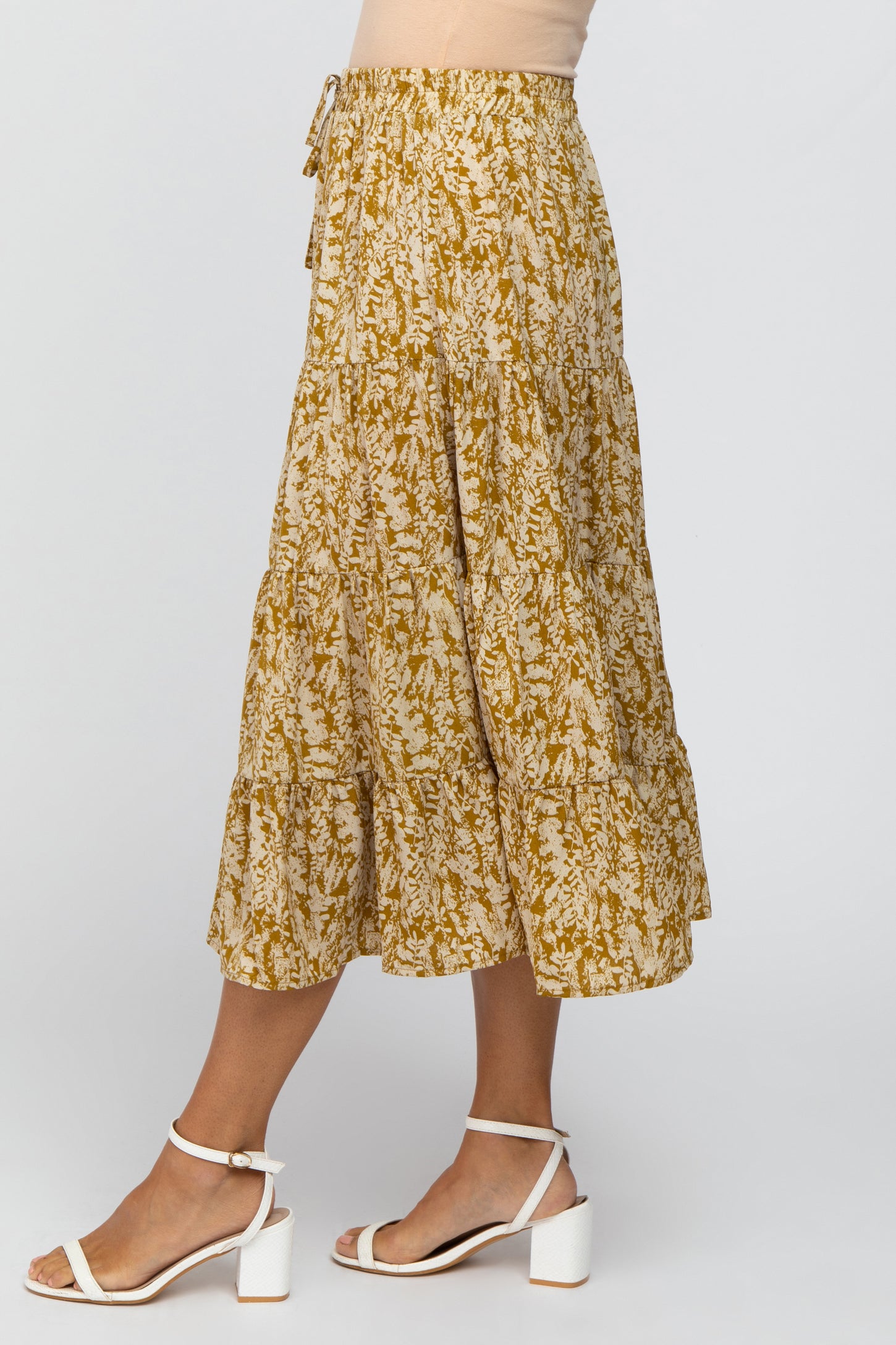 Yellow Leaf Print Tiered Midi Skirt