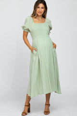 Mint Smocked Puff Sleeve Maternity Midi Dress