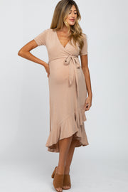 Taupe Heathered Ruffle Hi-Low Maternity Midi Dress