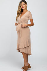 Taupe Heathered Ruffle Hi-Low Maternity Midi Dress