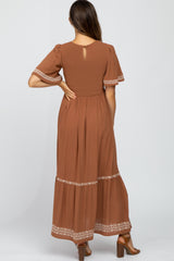 Rust Embroidered Accent Maternity Maxi Dress
