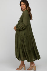 Olive Ruffle Accent Tiered Maternity Midi Dress