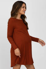 Rust Ribbed Long Sleeve Maternity Dress