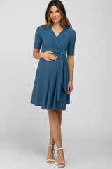 Blue Waist Tie Maternity Nursing Dress