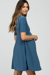 Blue Waist Tie Maternity Nursing Dress