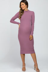 Lavender Ribbed Long Sleeve Mock Neck Maternity Midi Dress