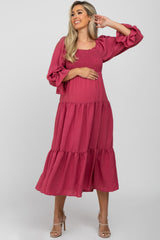 Magenta Square Ruffle Neck Smocked Maternity Midi Dress