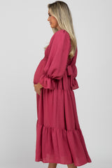 Magenta Square Ruffle Neck Smocked Maternity Midi Dress