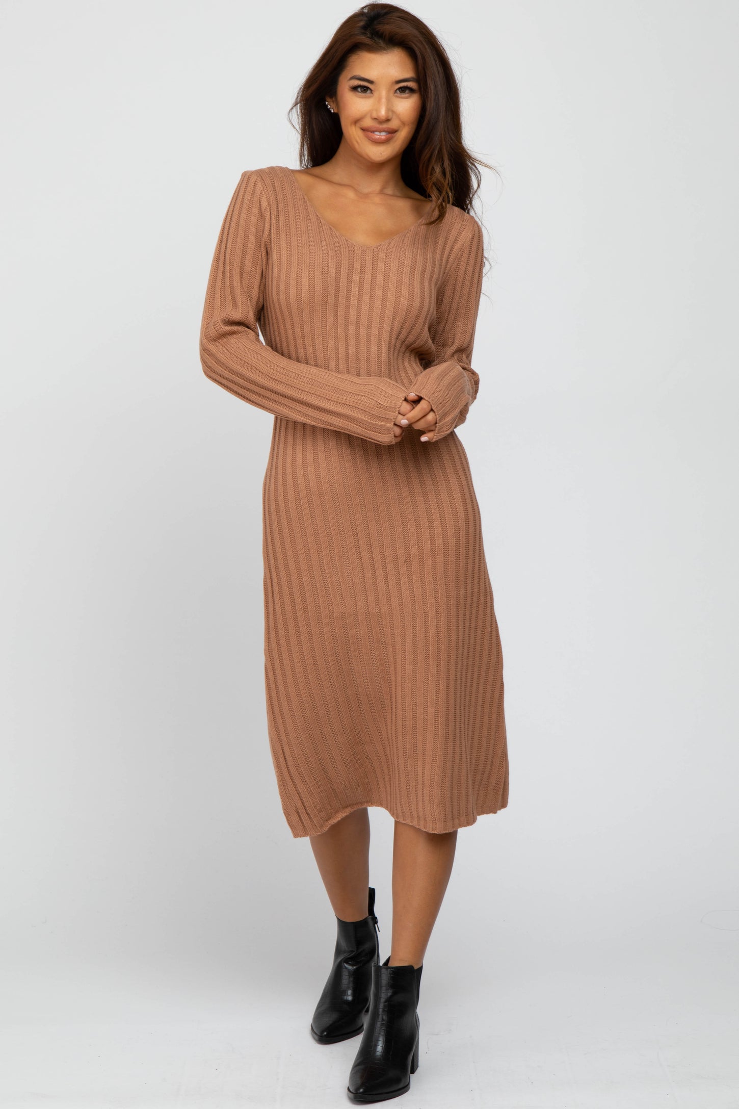 camel sweater dress midi Women's Sweater midi Dress Wool A-line Knit Dress Long-Sleeved Stand-up Collar Pullover Warm Coat Camel at Amazon Women's Clothing store