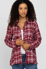 Burgundy Plaid Button Front Long Sleeve Top