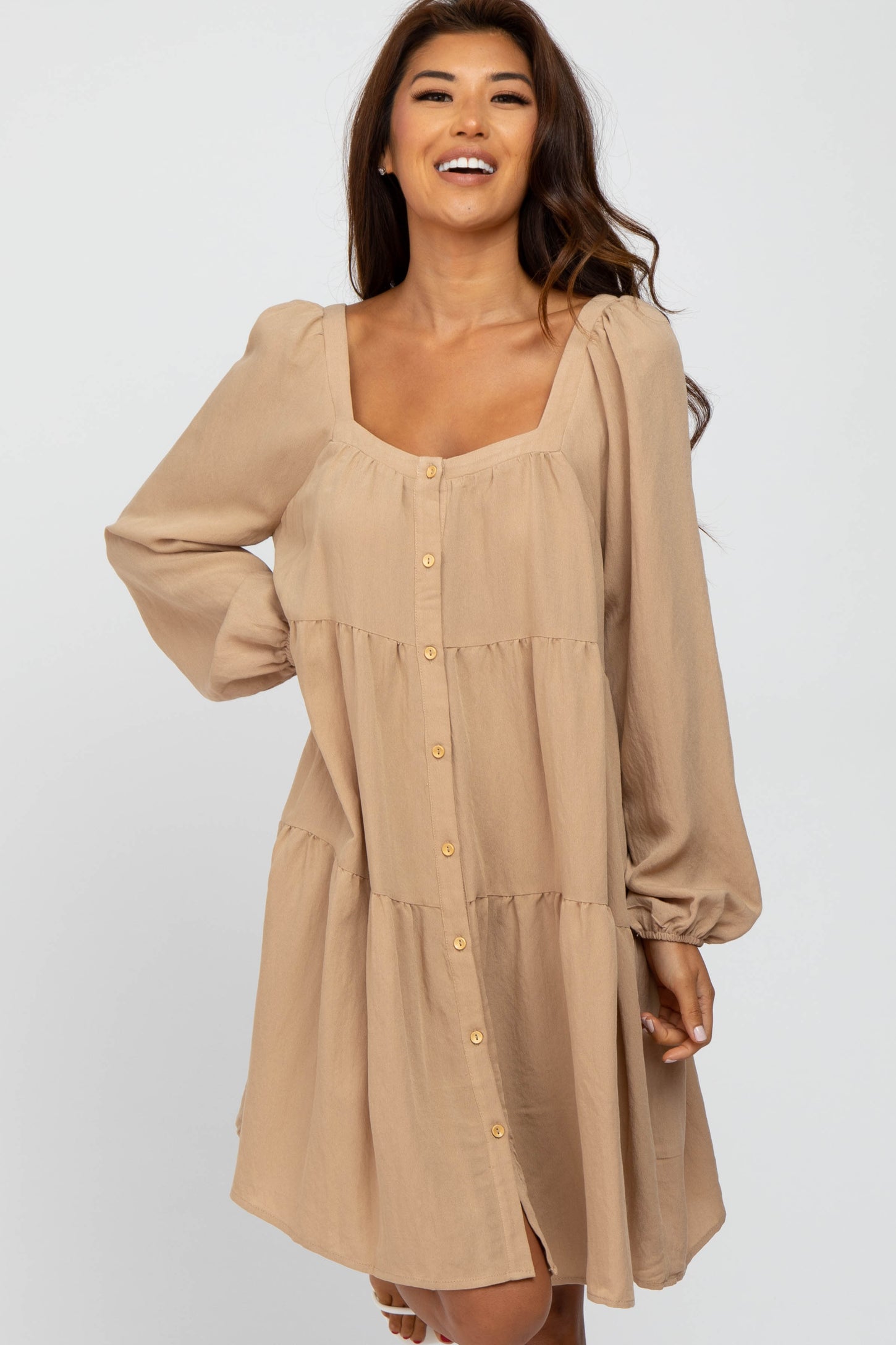 Taupe Long Sleeve Tiered Dress