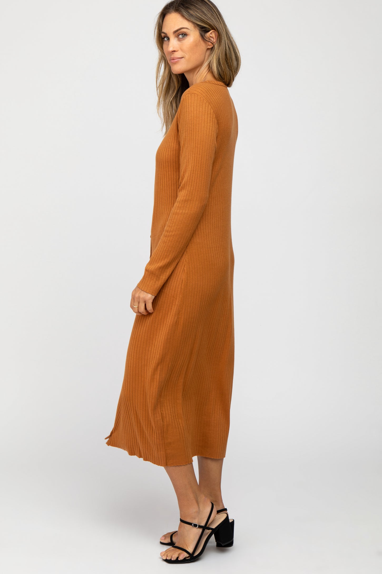 Rust Ribbed Button Front Midi Cardigan Dress