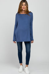 Blue Wide Neck Maternity Long Sleeve Top