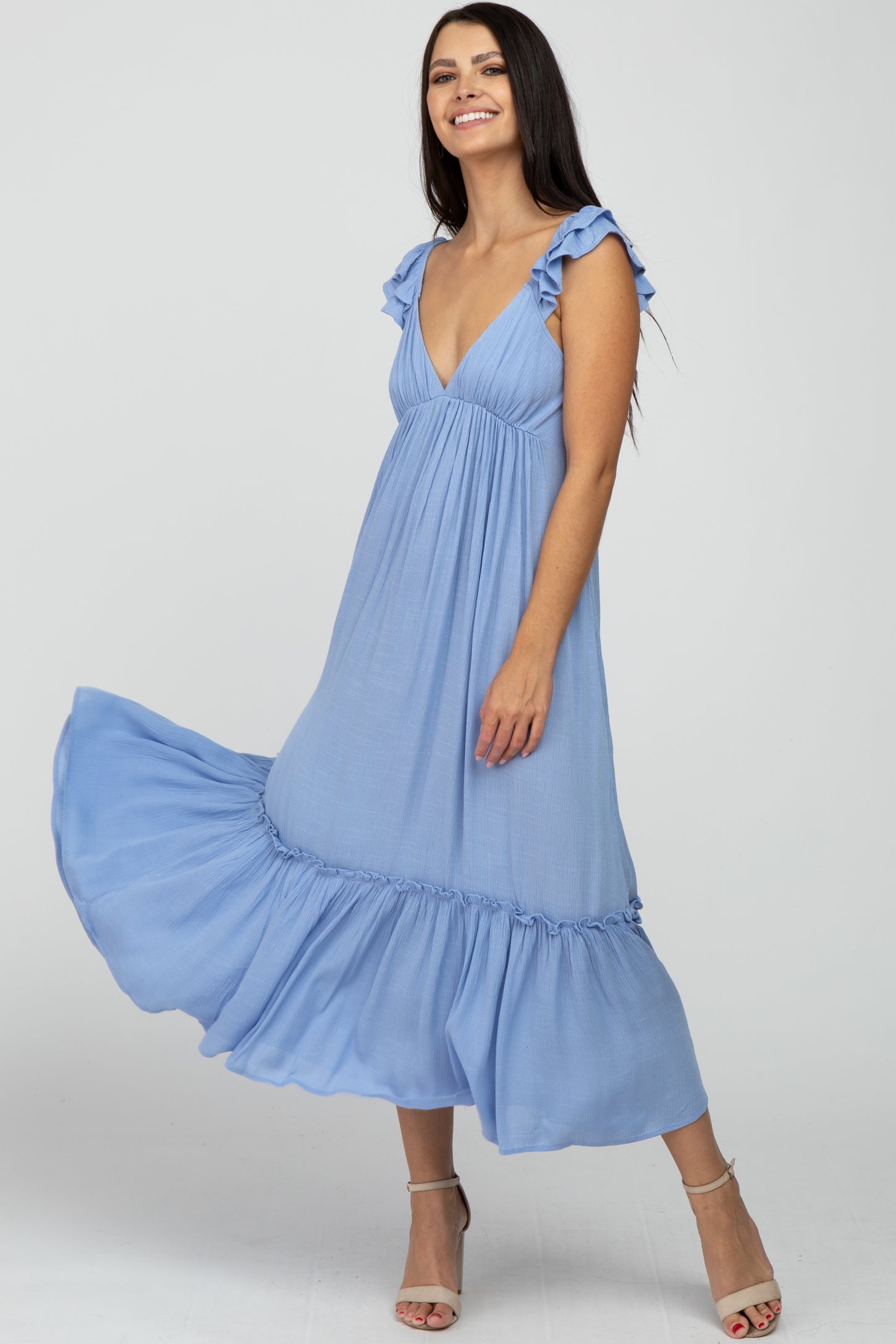 Turquoise Smocked Mesh Ruffle Accent Maternity Midi Dress– PinkBlush