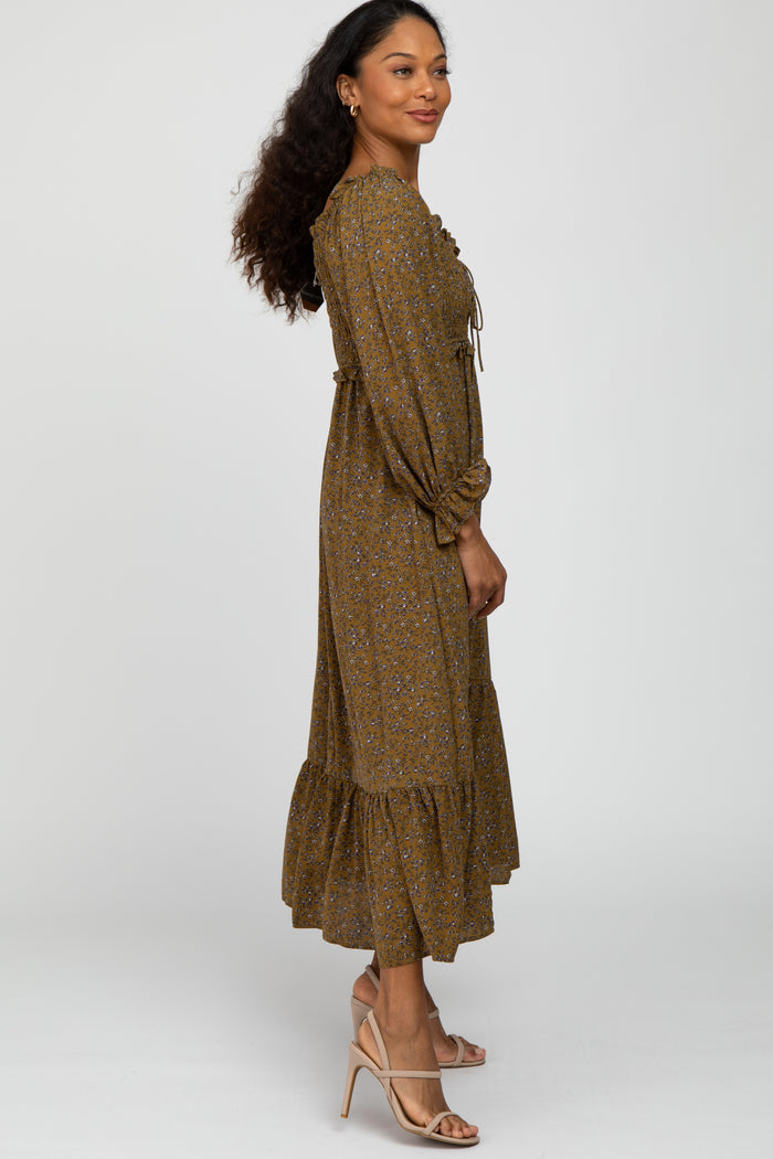 Olive Floral Ruffle Sweetheart Neck Midi Dress