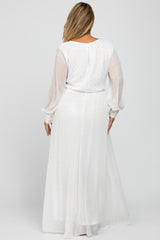White Metallic Print Chiffon Maternity Plus Maxi Dress