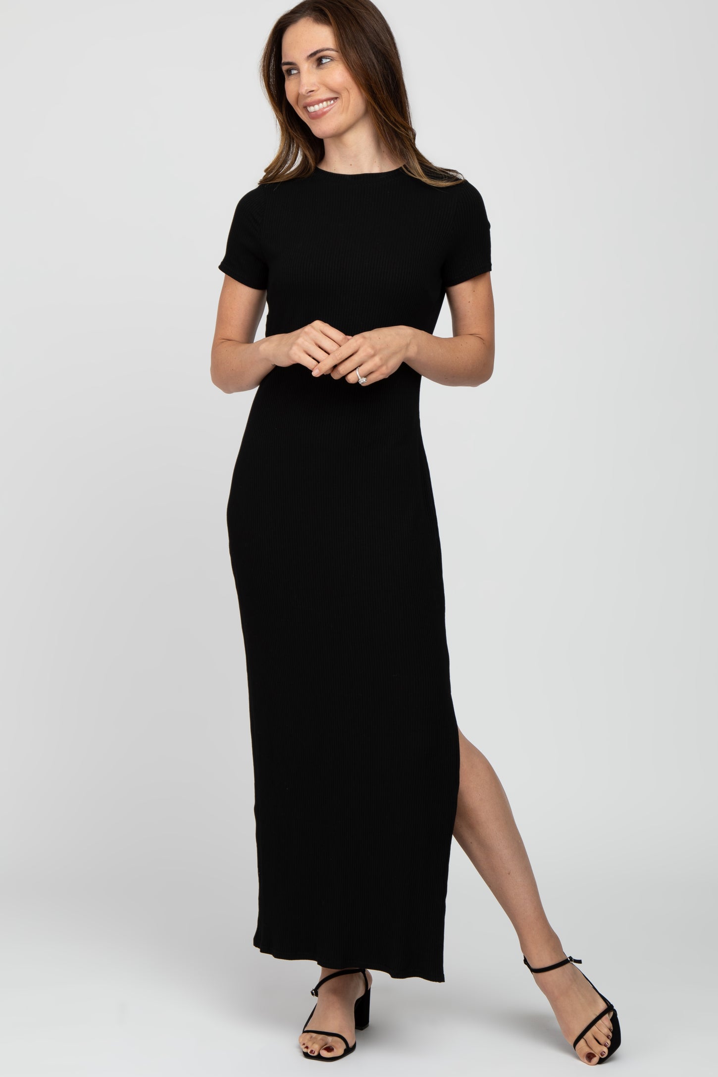 Black Ribbed Side Slit Maxi Dress