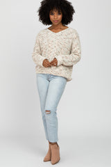 Beige Multi-Color V-Neck Chunky Knit Sweater