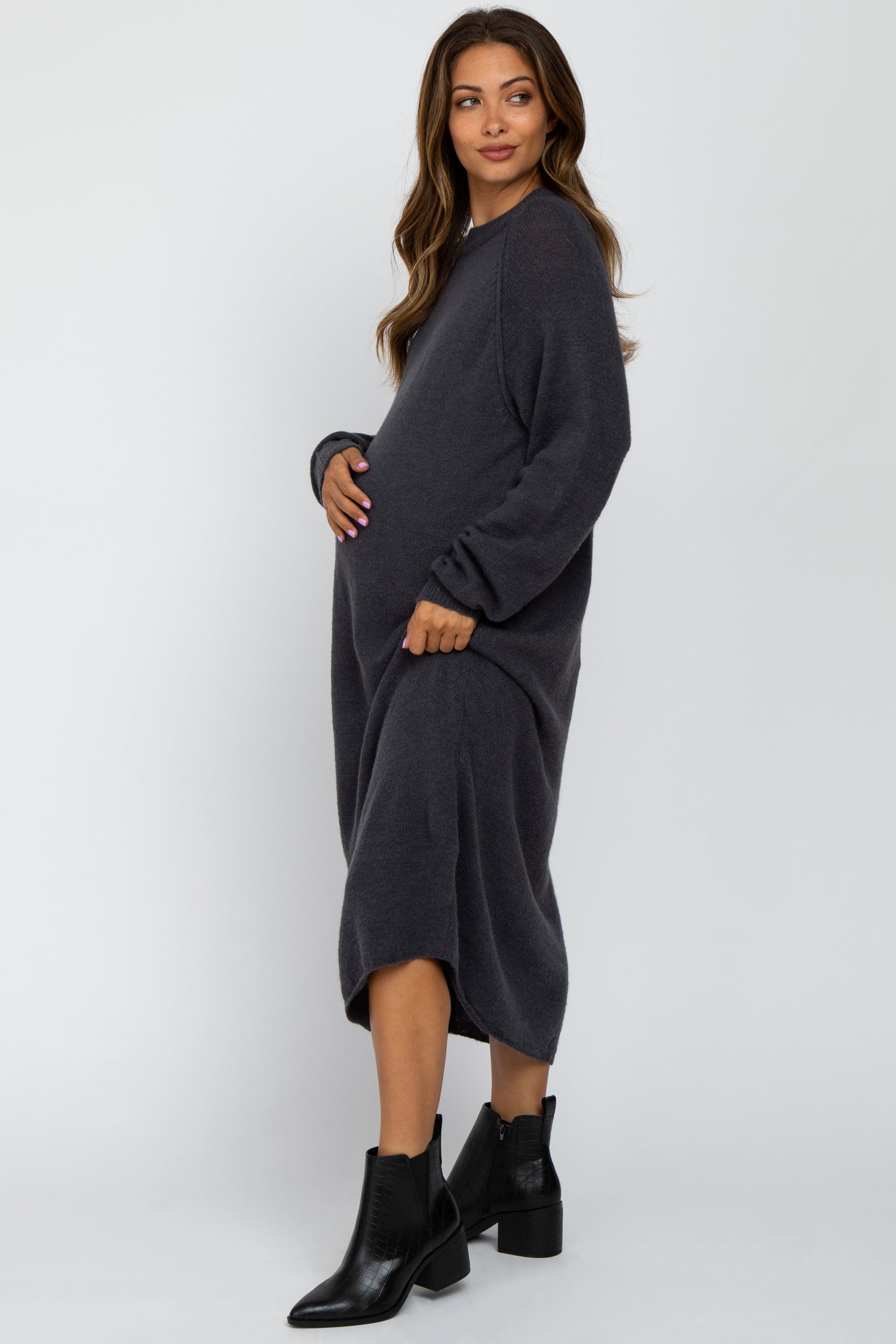 Grey Mock Neck Maternity Midi Sweater Dress PinkBlush