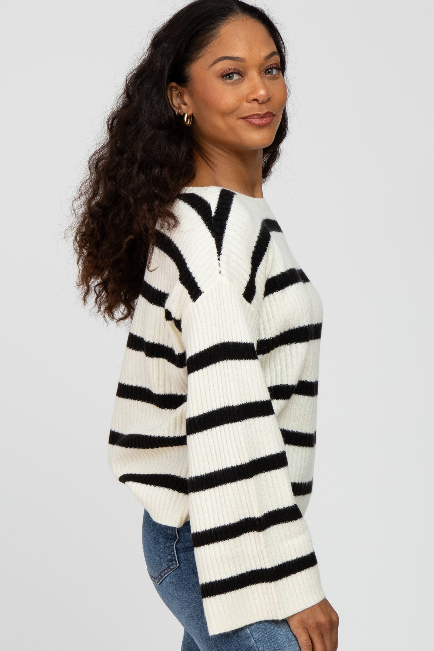 Cream Striped Bell Sleeve Sweater