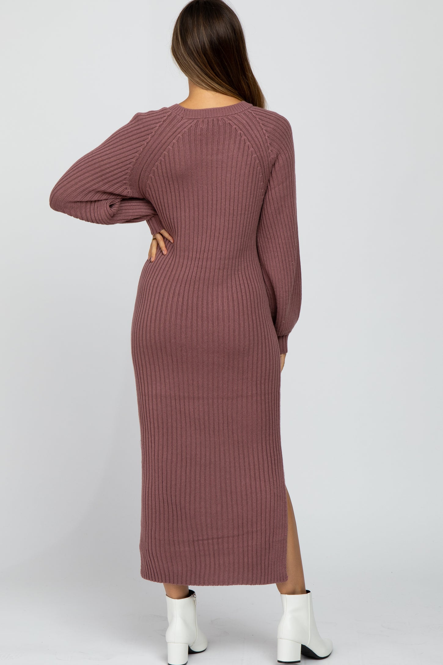 Mauve Side Slit Maternity Maxi Sweater Dress