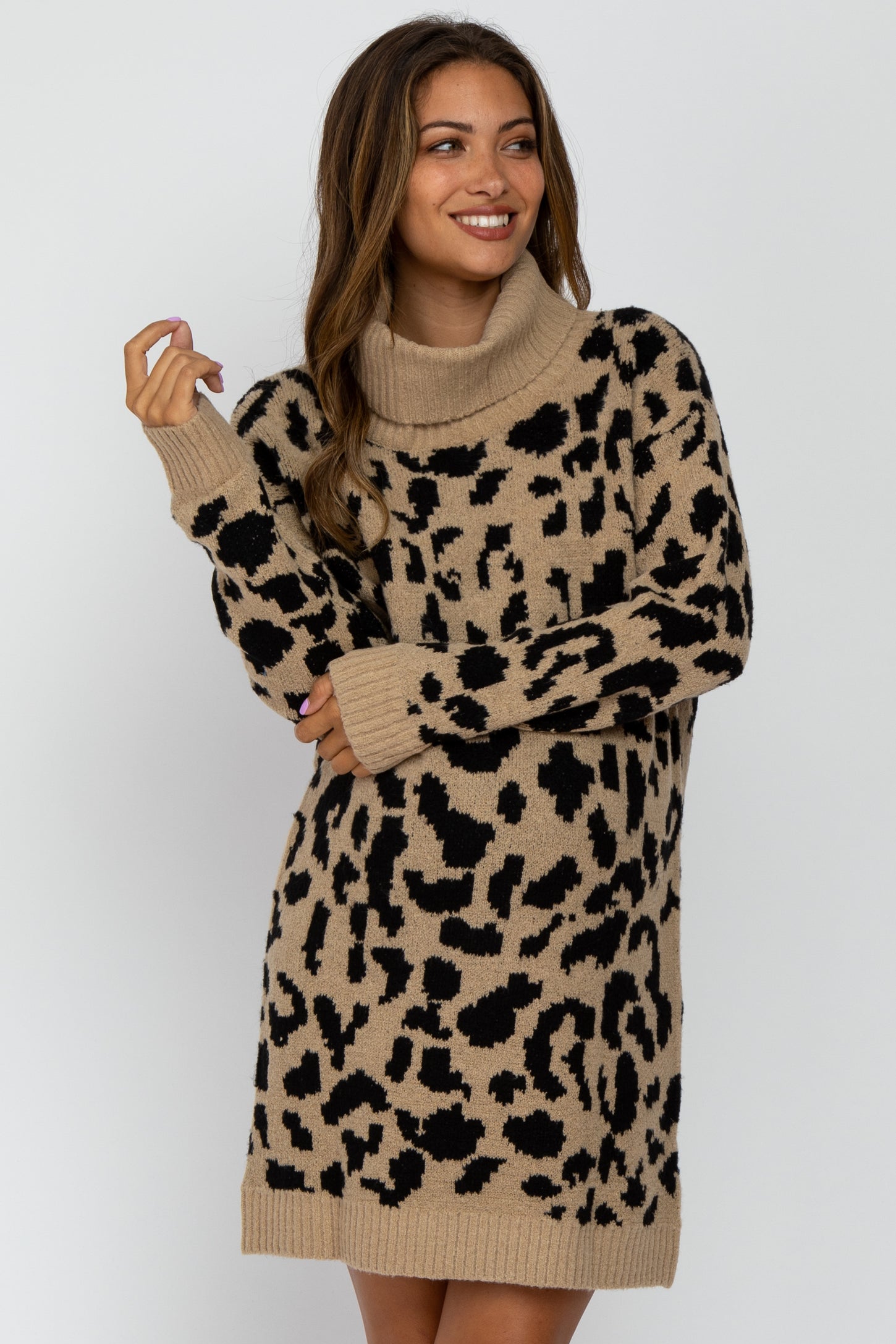 Taupe Leopard Turtleneck Maternity Sweater Dress Taupe Leopard Turtleneck Maternity Sweater Dress
