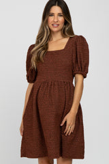Brown Textured Puff Sleeve Maternity Dress