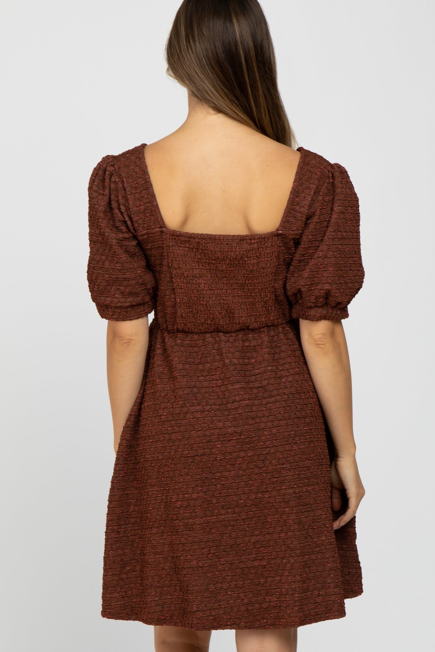 Brown Textured Puff Sleeve Maternity Dress