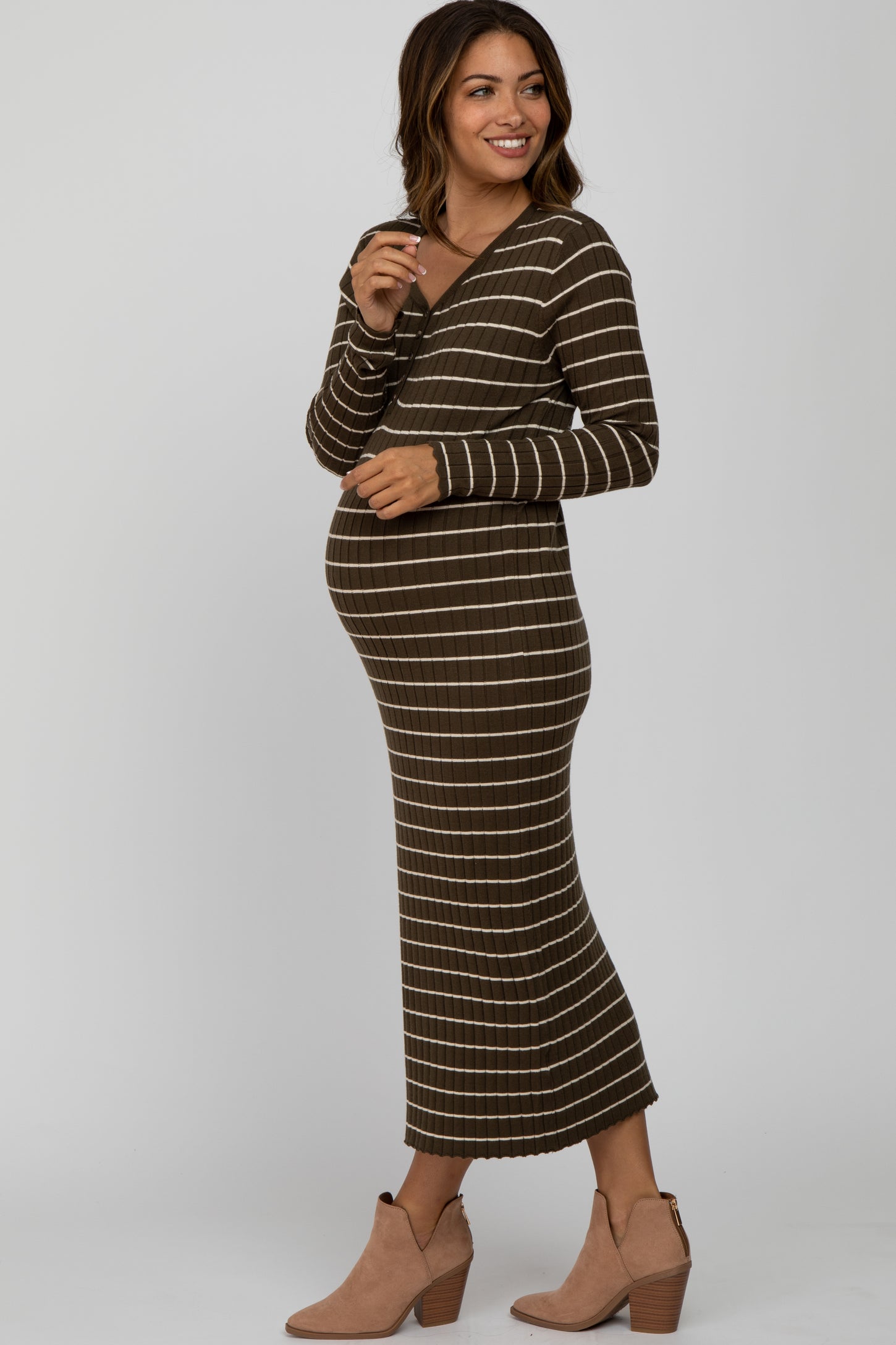 Olive Ribbed Striped Maternity Midi Dress