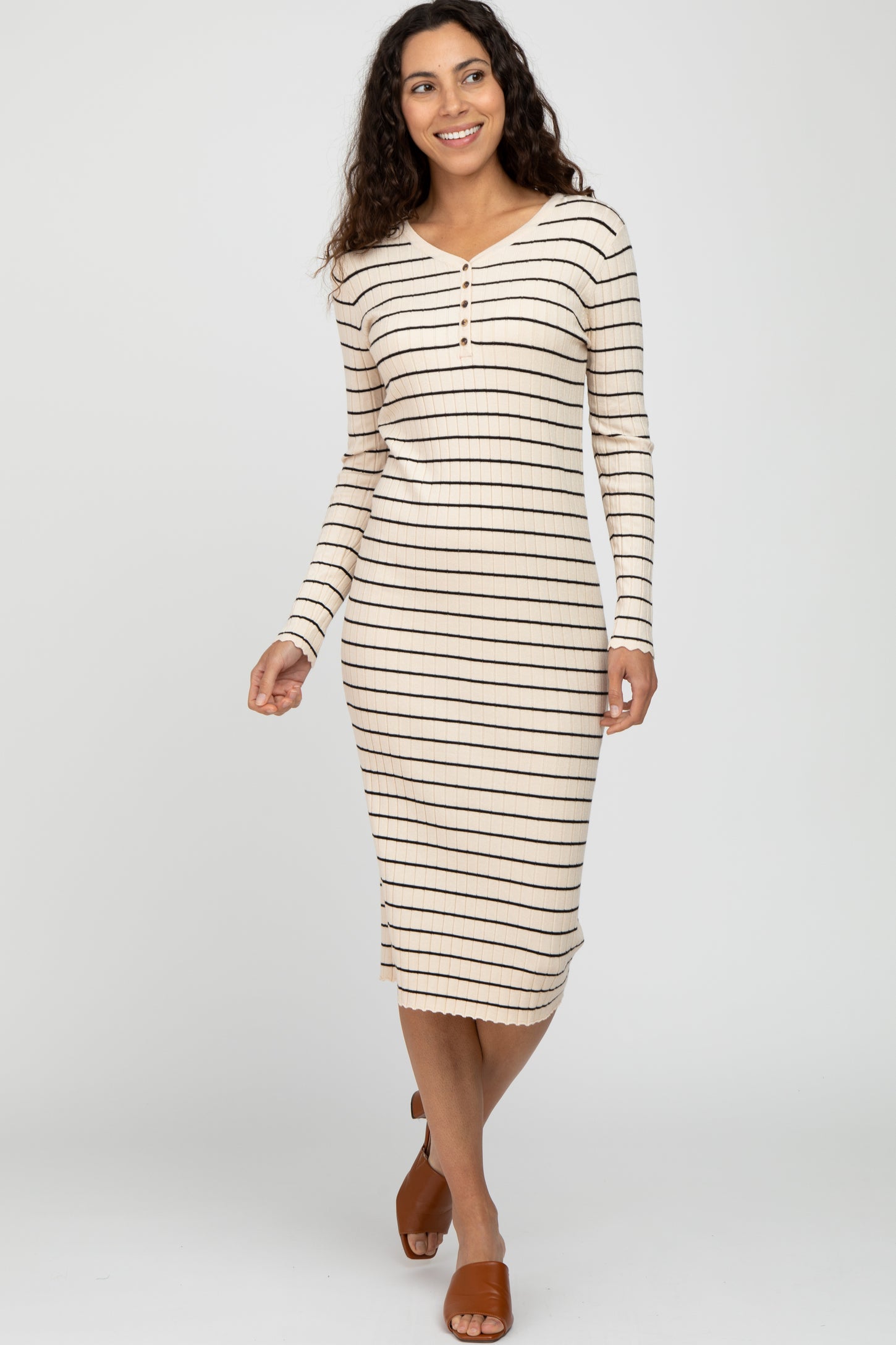 Cream Ribbed Striped Maternity Midi Dress