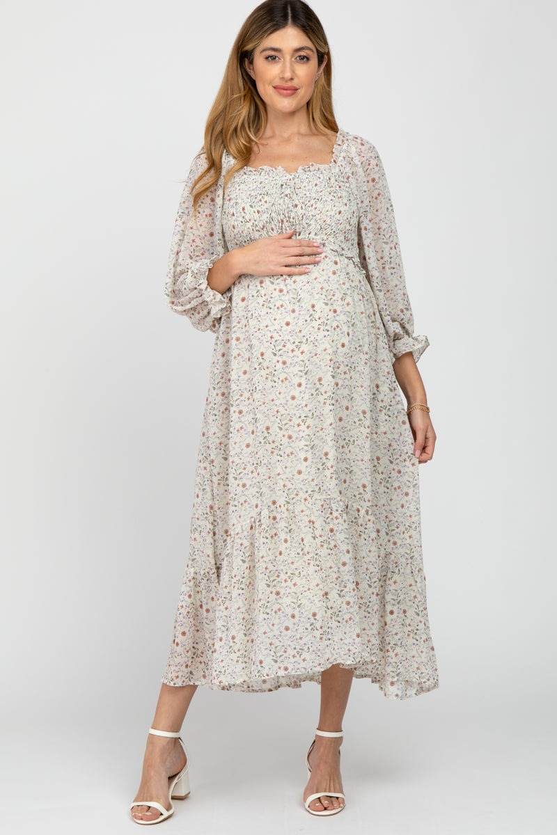 Ivory Floral Smocked 3/4 Sleeve Maternity Dress– PinkBlush