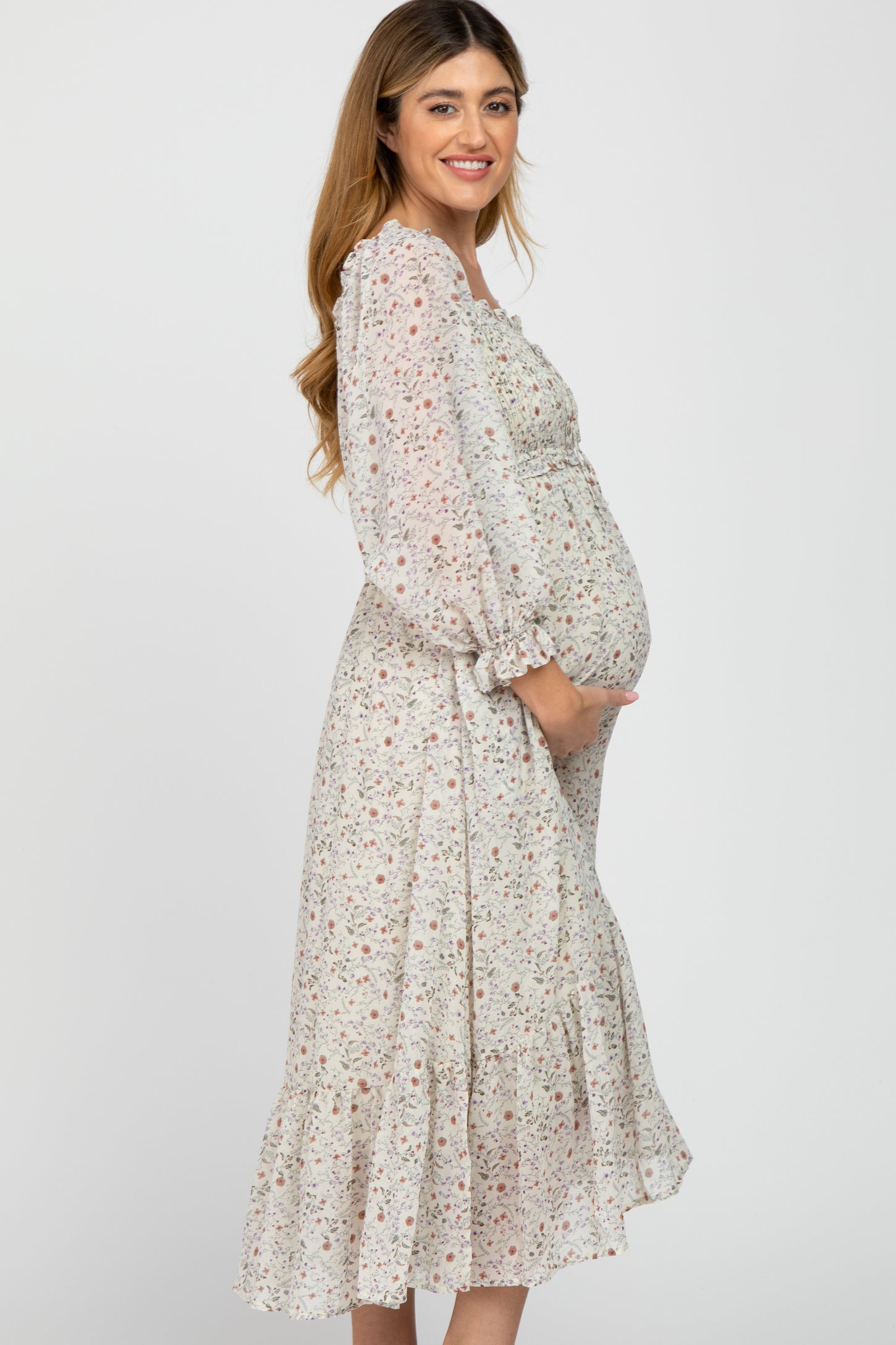 Ivory Floral Smocked 3/4 Sleeve Maternity Dress