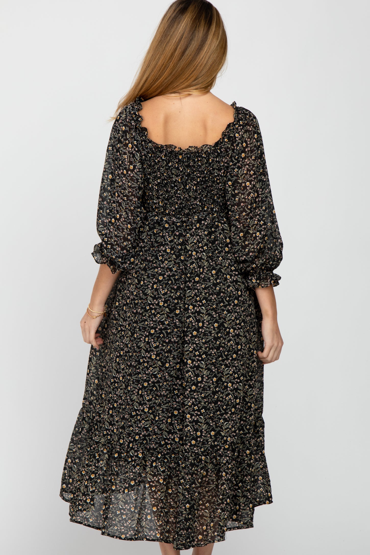 Black Smocked Floral Maternity Midi Dress