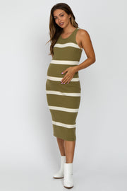 Olive Striped Sleeveless Sweater Maternity Midi Dress