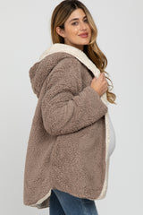 Taupe Sherpa Fleece Hooded Maternity Jacket